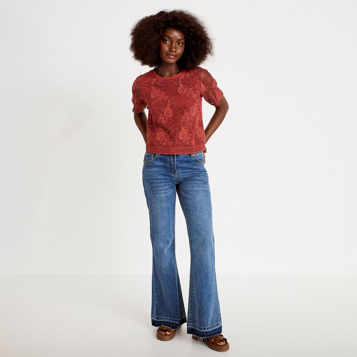 T-shirt manches courtes aspect dentelle vieux rose femme