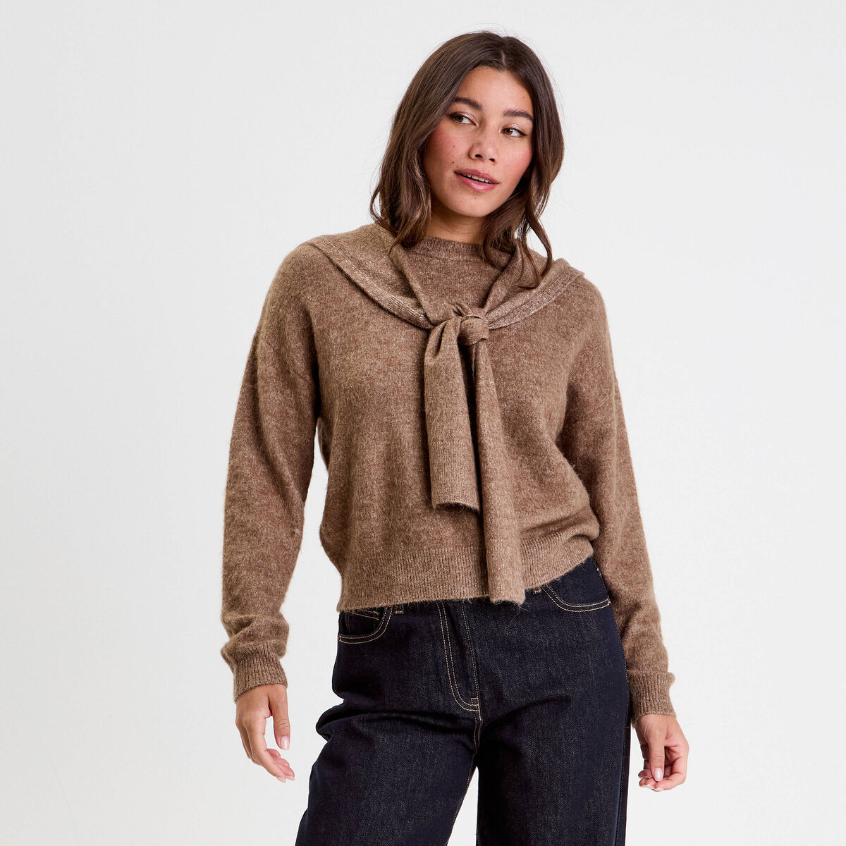 Pull &agrave; capuche manches longues marron clair femme