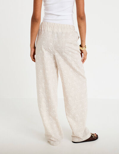Pantalon large taille haute creme femme
