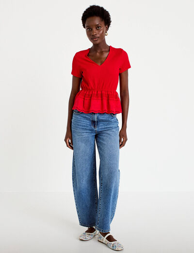 Blouse droite col v manches courtes rouge femme