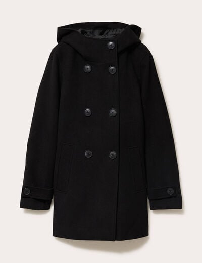 Manteau ajust&eacute; 3/4 &agrave; capuche noir femme