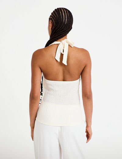 Top cintr&eacute; sans manches avec relief ecru femme