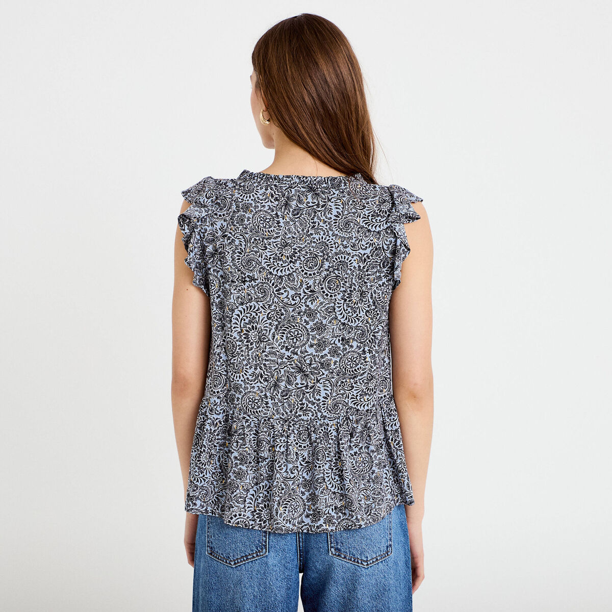 Blouse sans manches col v bleu femme