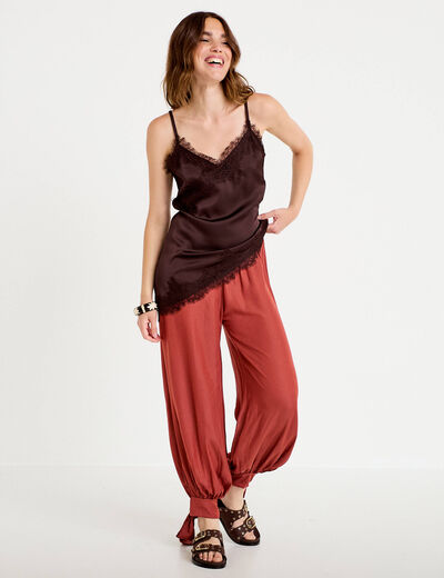 Pantalon large taille standard satin&eacute; vieux rose femme