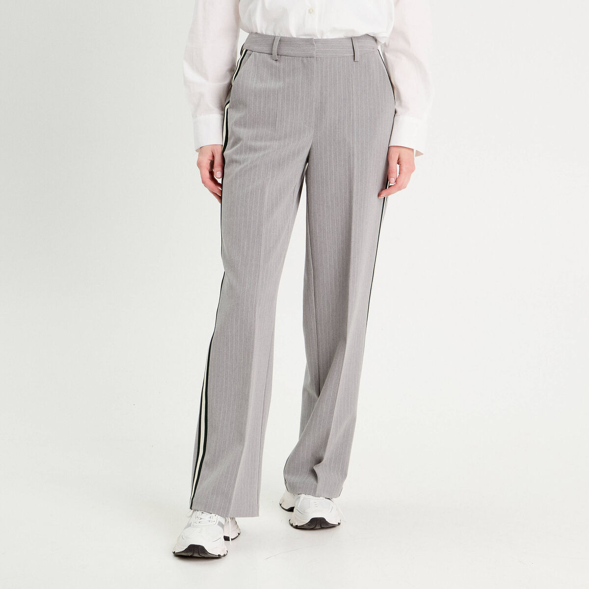 Pantalon large avec bandes gris clair femme