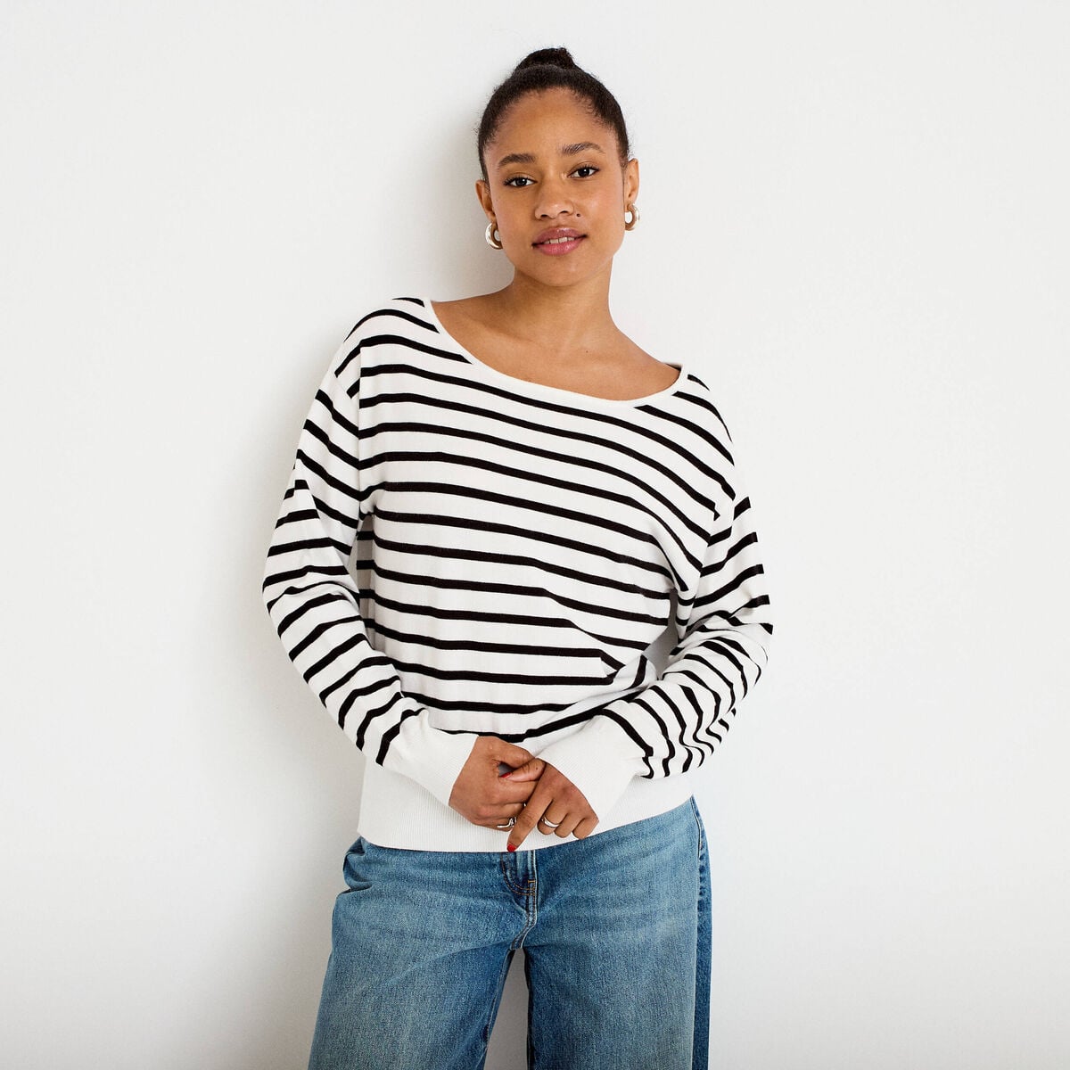 Pull ample manches longues fin blanc femme