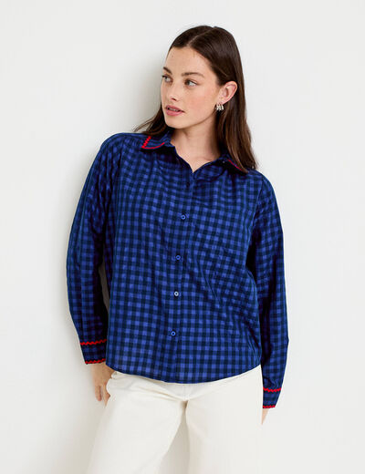Chemise droite vichy col claudine bleu electrique femme