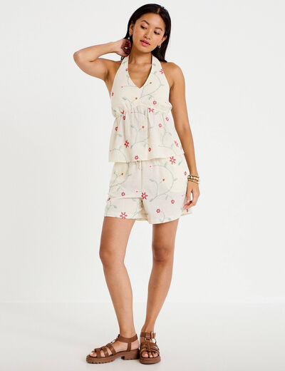 Short avec broderie blanc femme
