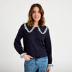Blouse broderie manches longues bleu marine femme