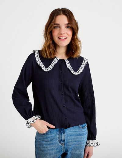 Blouse broderie manches longues bleu marine femme