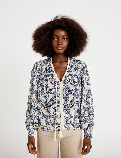 Blouse ample col v manches longues blanc femme