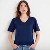 T-shirt col v manches courtes bleu fonc&eacute; femme