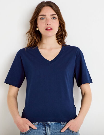 T-shirt col v manches courtes bleu fonc&eacute; femme