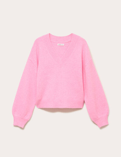 Pull col v manches longues rose femme