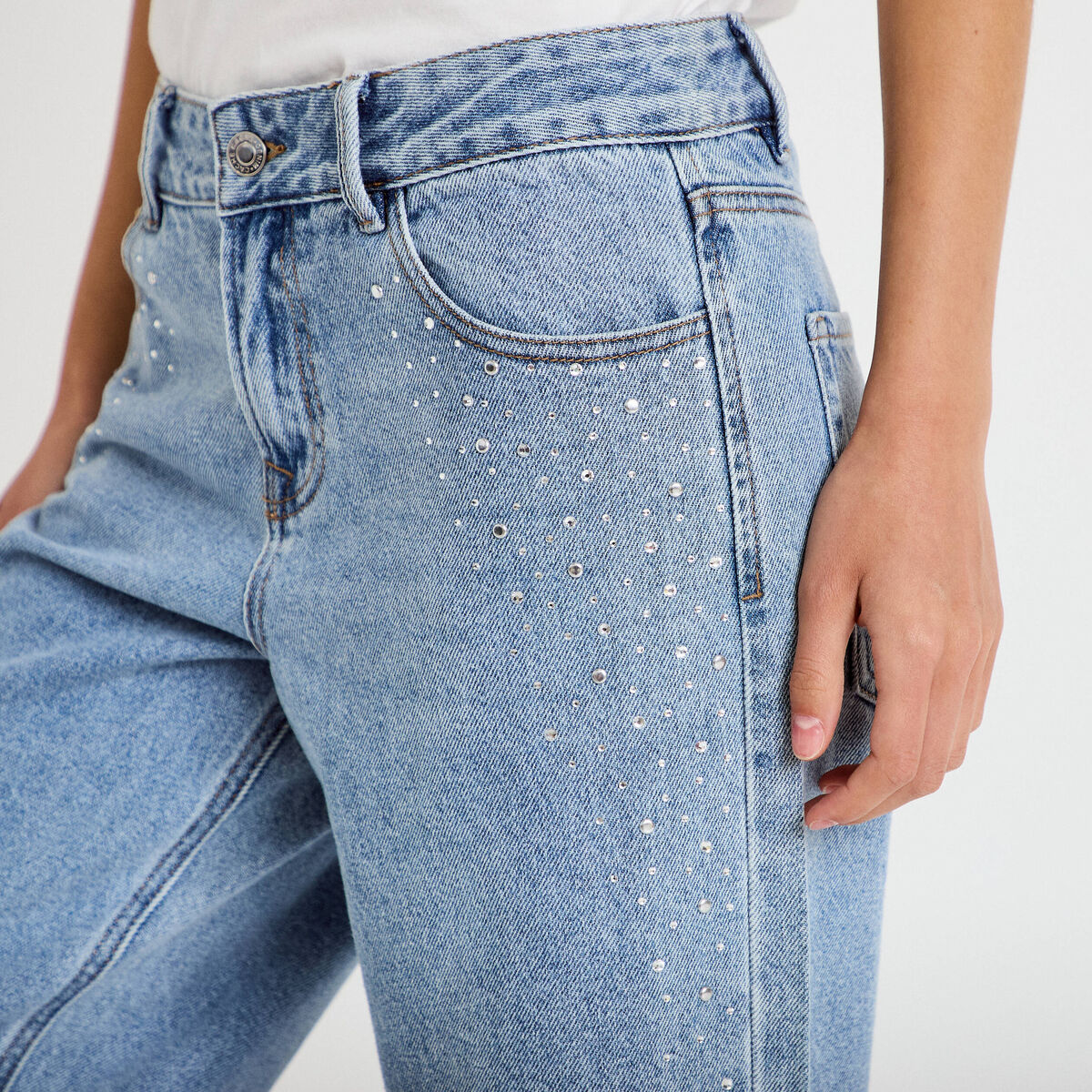 Jean wide leg taille basse strass denim triple stone femme