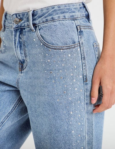 Jean wide leg taille basse strass denim triple stone femme