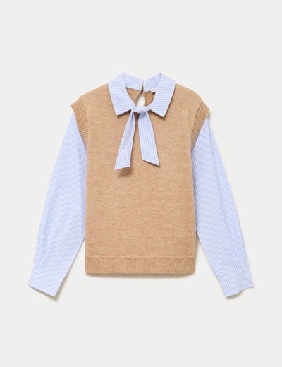 Pull fin 2-en-1 manches longues beige femme
