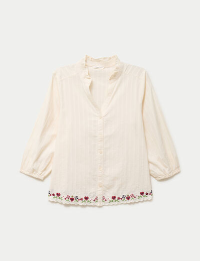 Blouse broderie col v manches 3/4 ecru femme