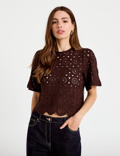 T-shirt macram&eacute; col rond marron fonc&eacute; femme