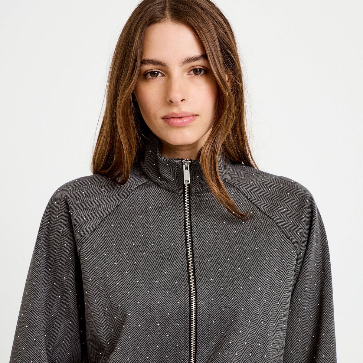 Veste effet boule col montant tweed noir femme