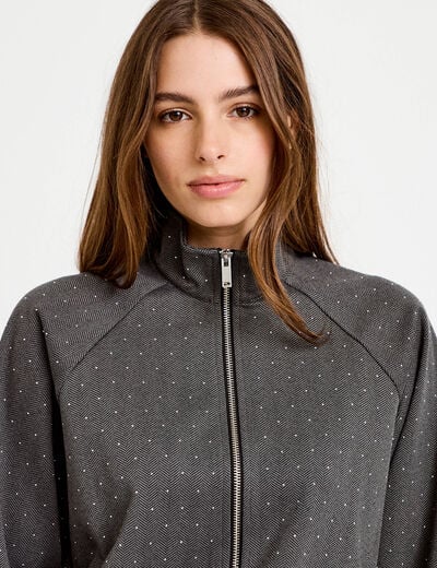 Veste effet boule col montant tweed noir femme