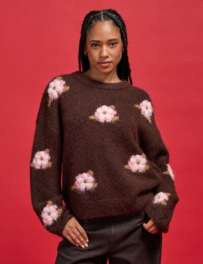 Pull ample col rond manches longues marron fonc&eacute; femme