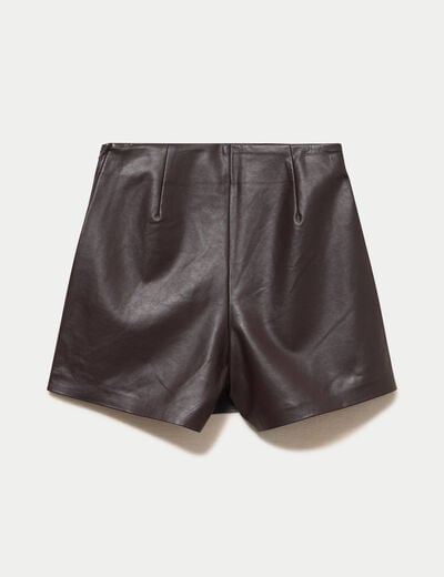 Jupe-short courte en similicuir marron fonc&eacute; femme