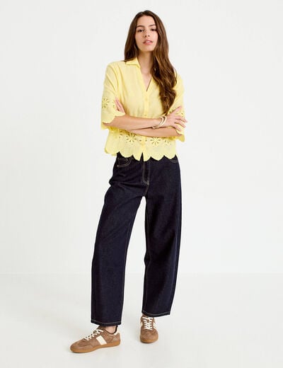 Chemise droite col classique manches 3/4 jaune pastel femme