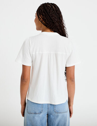 Blouse plastron brod&eacute; manches courtes ecru femme