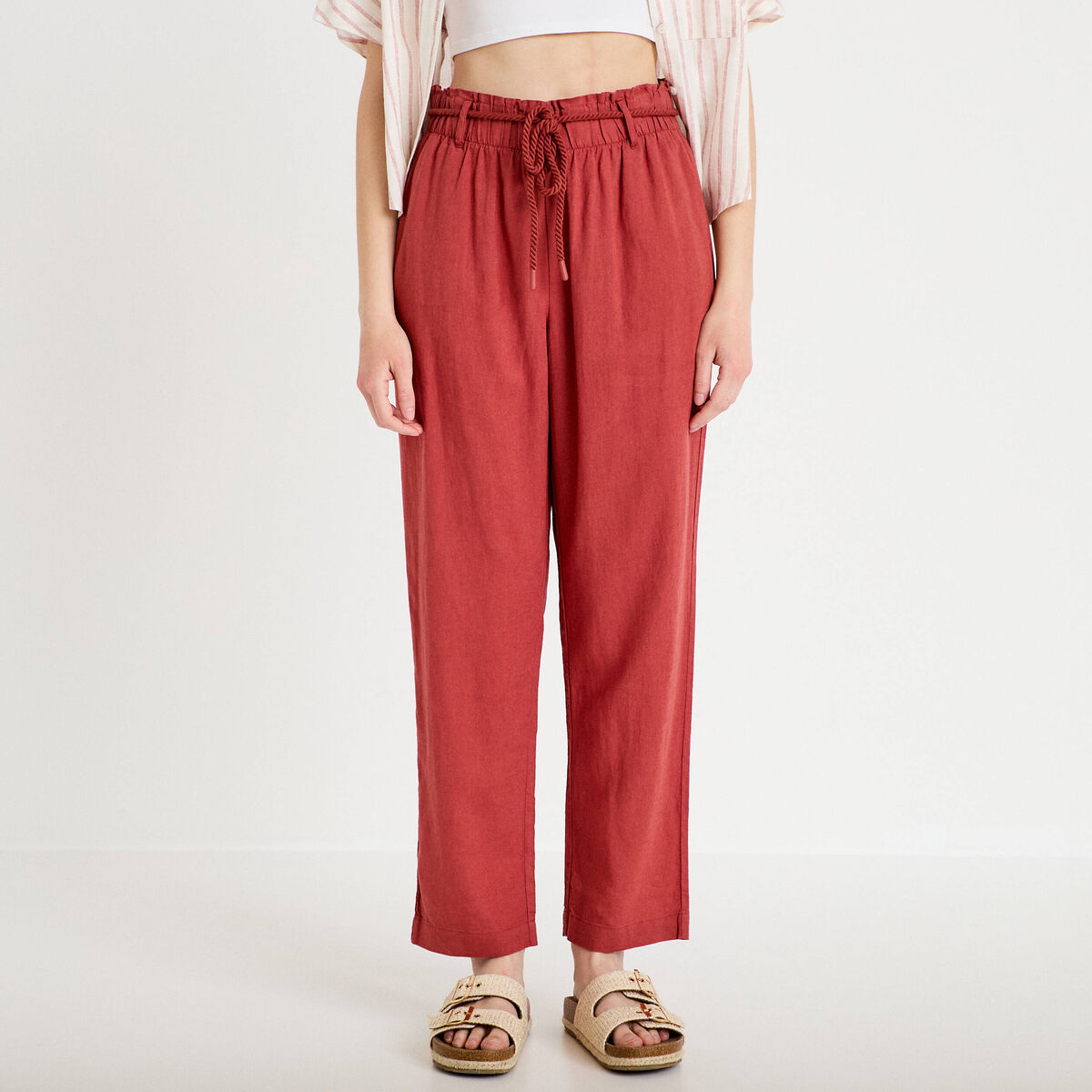 Pantalon droit 7/8&egrave;me taille haute vieux rose femme