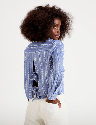 Chemise droite cropped col classique bleu gris femme