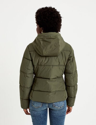 Doudoune cintr&eacute;e &agrave; capuche vert kaki femme