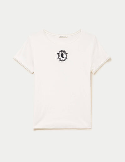 T-shirt col rond brod&eacute; Bridgerton ecru femme