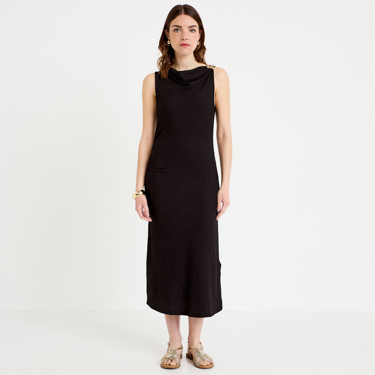 Robe midi droite sans manches en maille noir femme