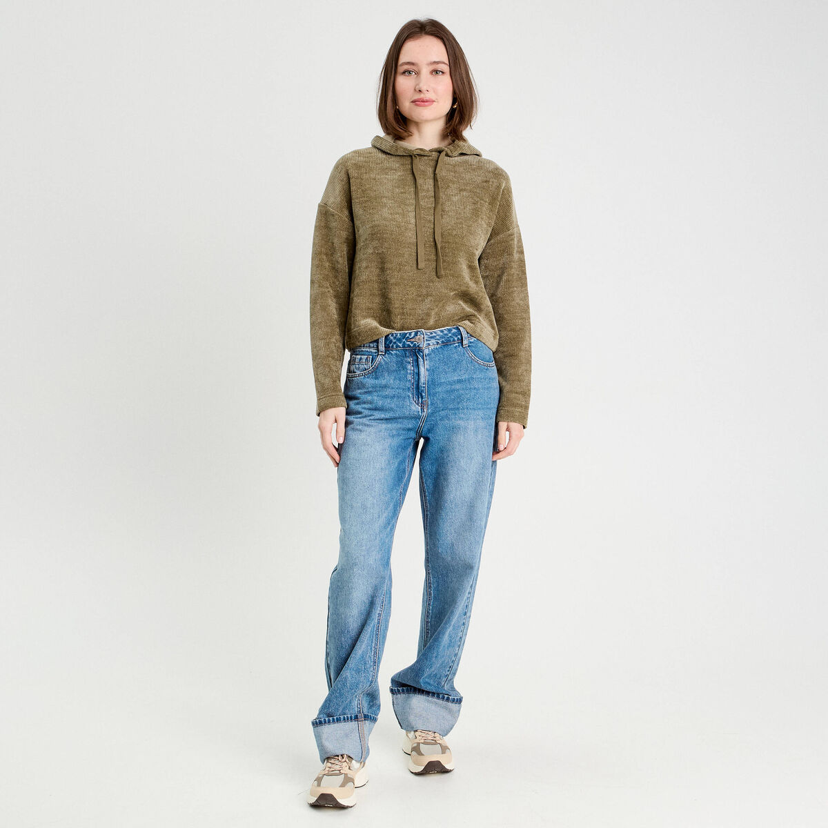 Sweat &agrave; capuche vert kaki femme
