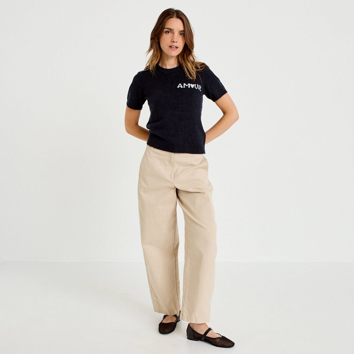 Pull ample manches courtes bleu marine femme
