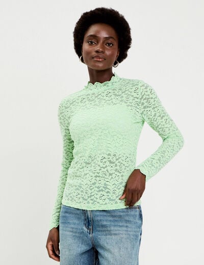 T-shirt dentelle manches longues vert pastel femme