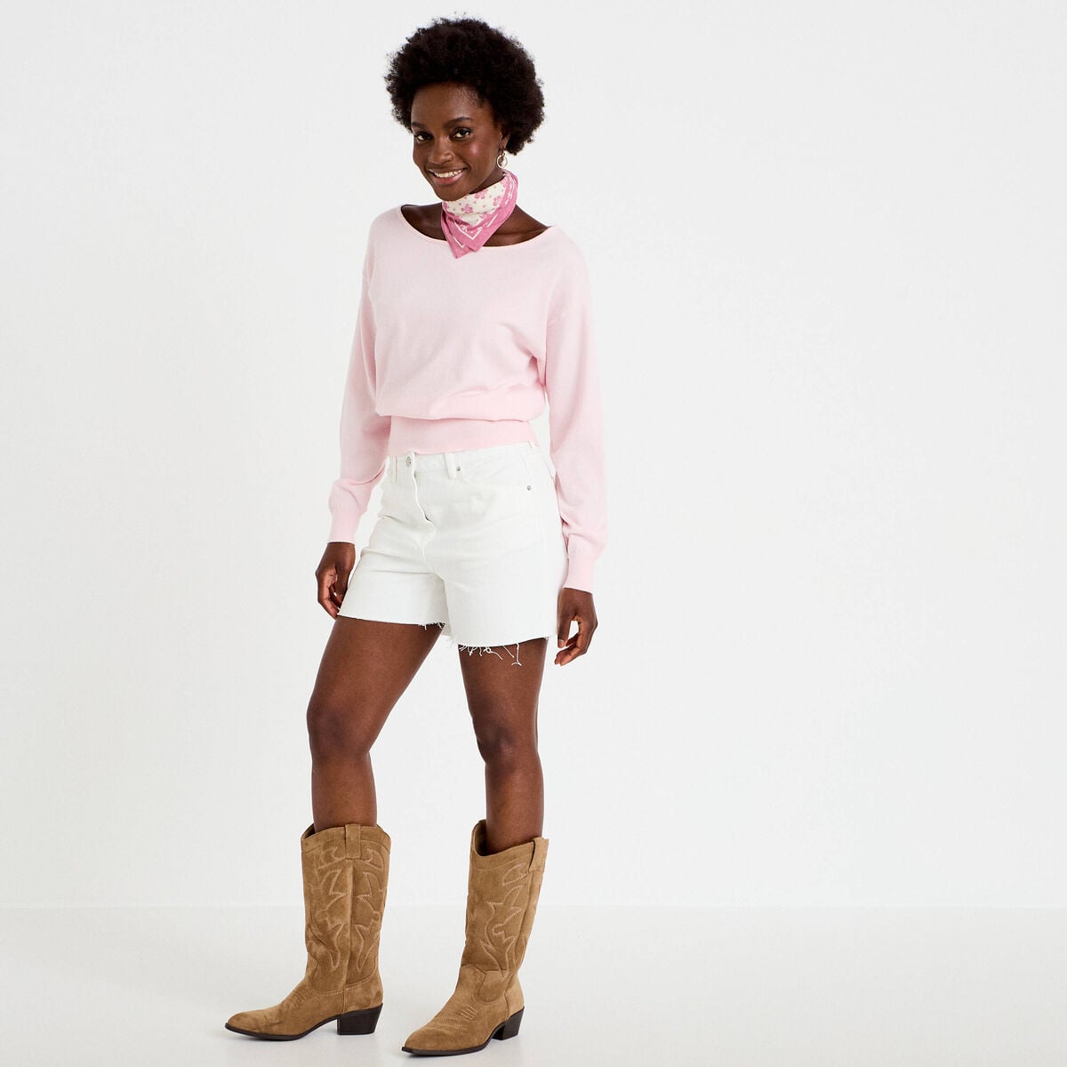 Pull ample manches longues fin rose clair femme