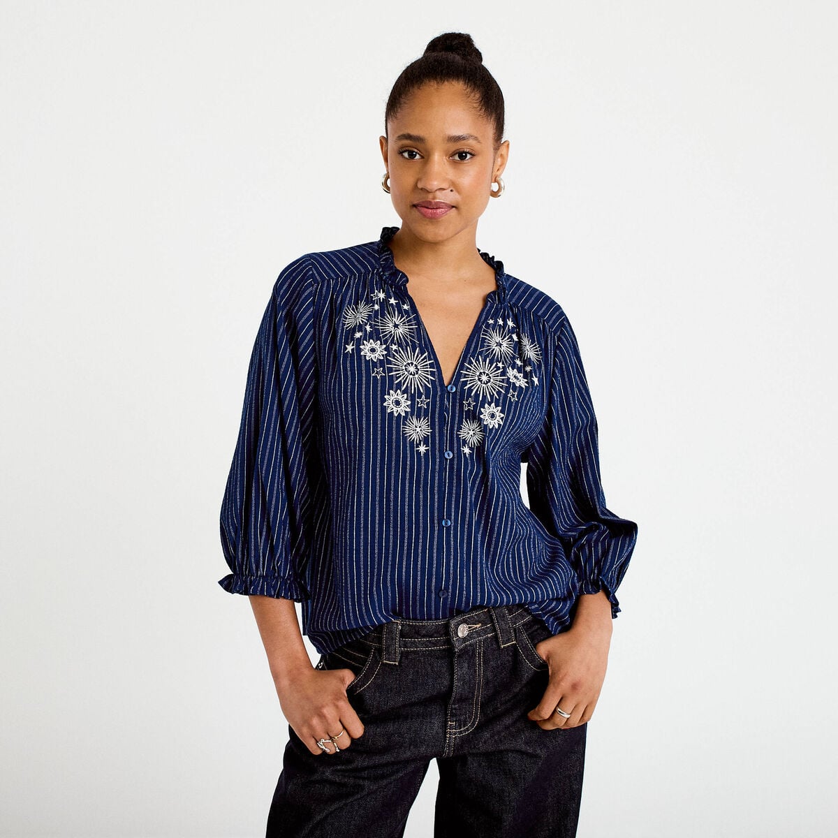 Blouse ample broderie manches 3/4 bleu femme