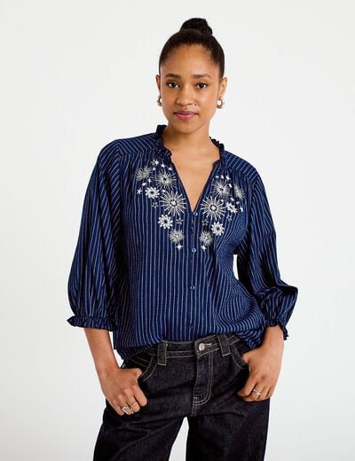 Blouse ample broderie manches 3/4 bleu femme