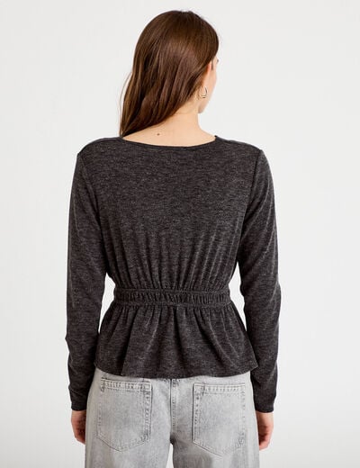Blouse cintr&eacute;e col v manches longues gris fonc&eacute; femme