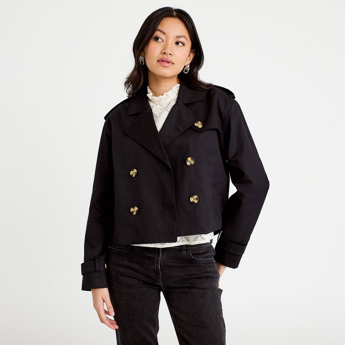 Trench droit court col tailleur noir femme