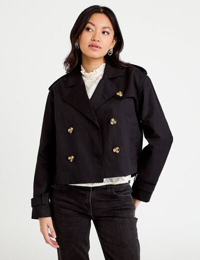 Trench droit court col tailleur noir femme