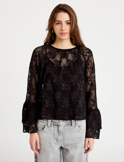 Blouse col rond manches longues dentelle noir femme
