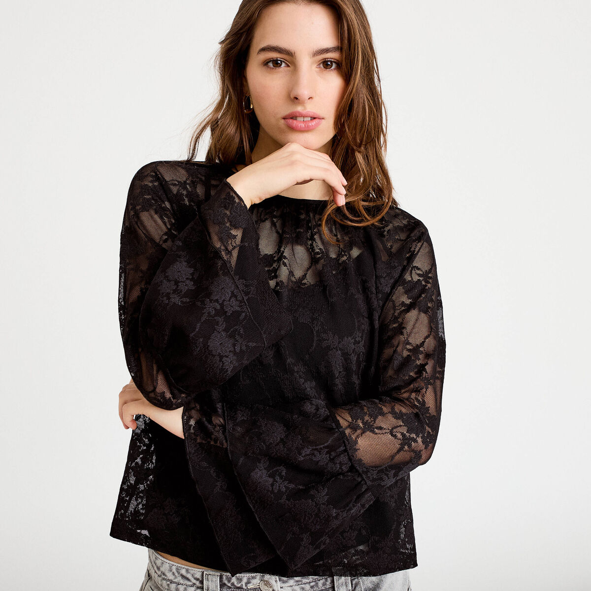 Blouse col rond manches longues dentelle noir femme