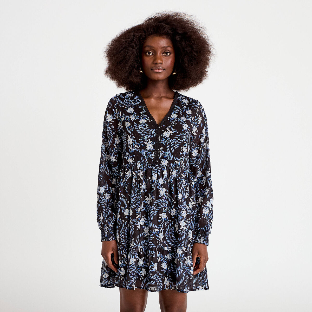Robe droite col v manches longues noir femme
