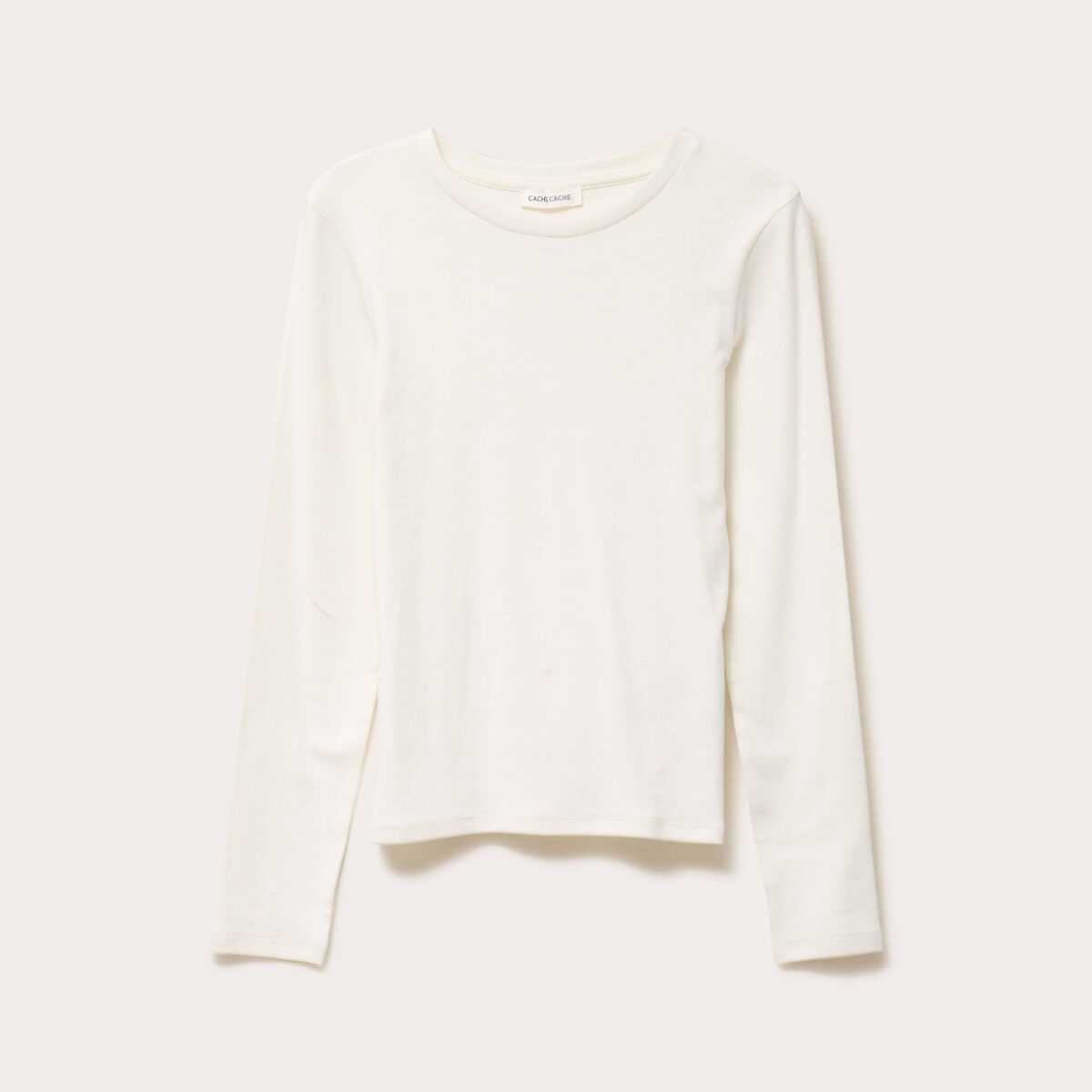 T-shirt cintr&eacute; col rond manches longues ecru femme