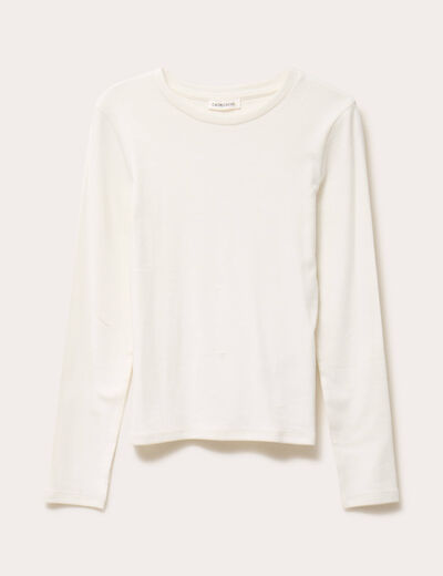 T-shirt cintr&eacute; col rond manches longues ecru femme