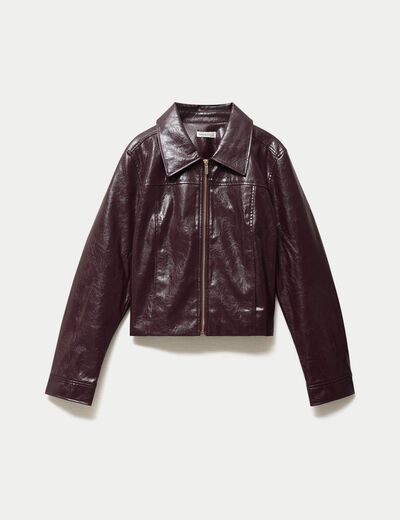 Veste droite cropped en similicuir violet fonc&eacute; femme
