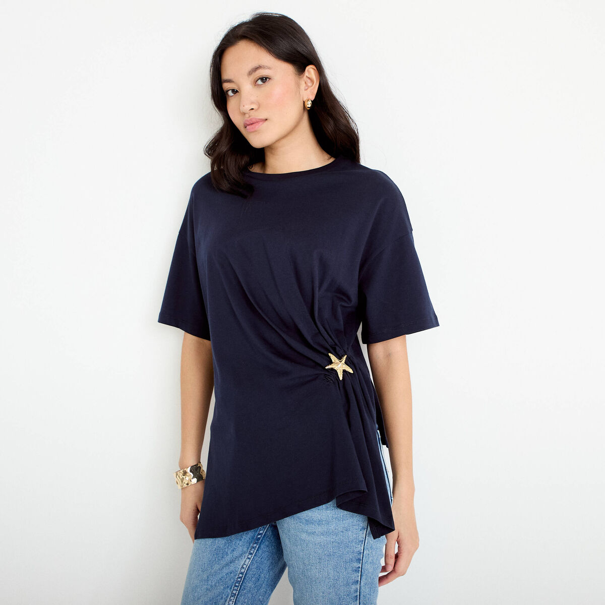 T-shirt &agrave; fronces avec bijou bleu marine femme